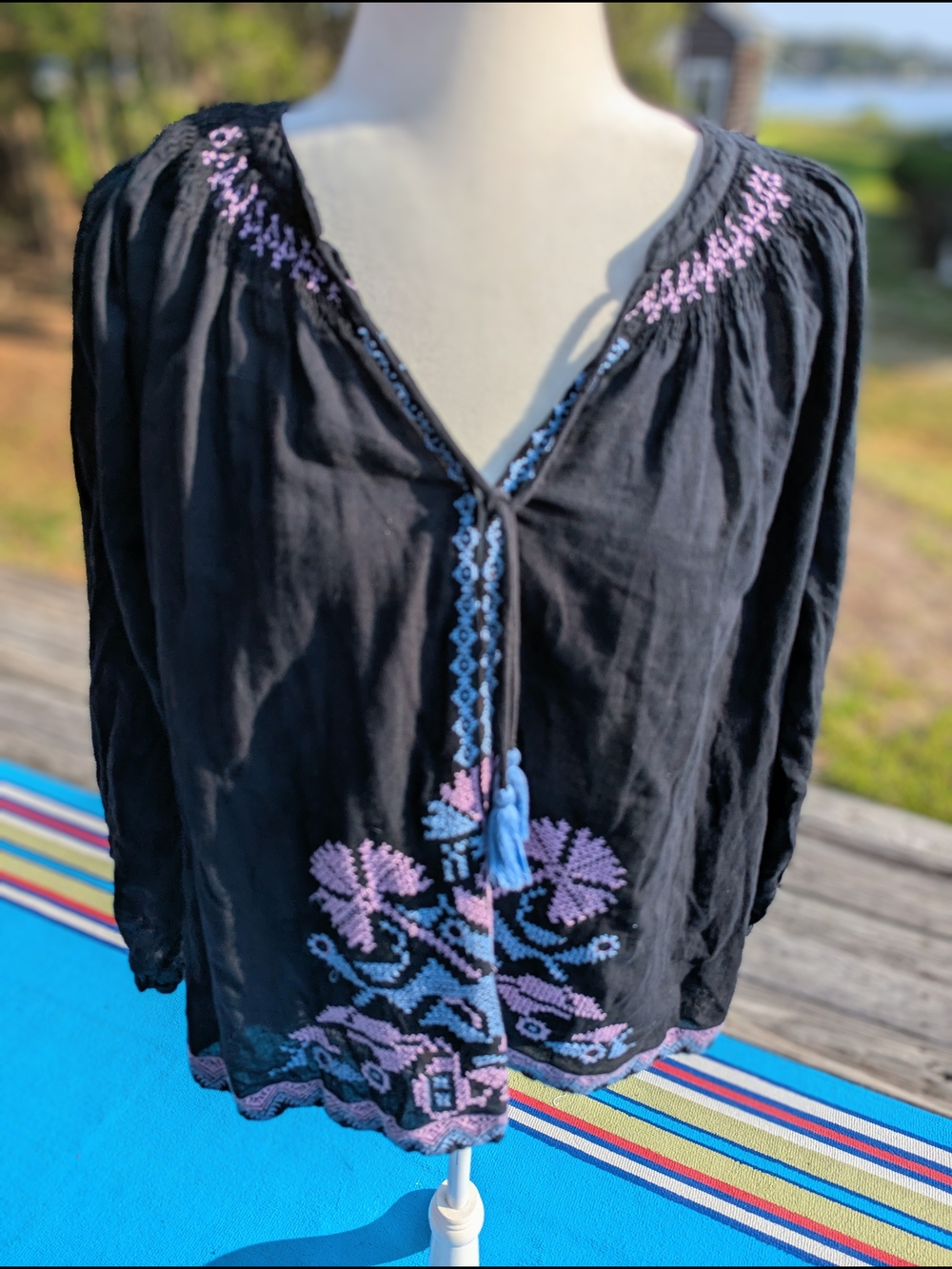 💯 Cotton Roberta Roller Rabbit Black Peasant Blouse with Pink & Blue Embroidery